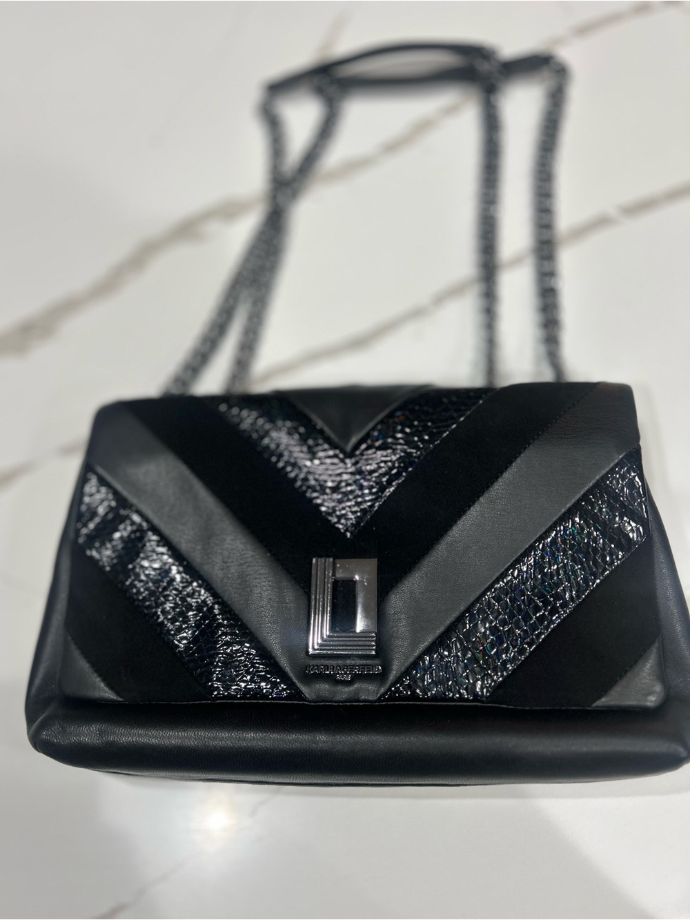 RARE Karl Lagerfeld Black Chevron Mixed-Material Chain Crossbody Bag